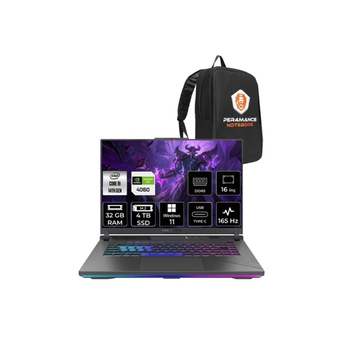 Asus Rog Strix G16 Intel Core I9 14900HX 32GB 4tb SSD RTX4060/8GB 165Hz 16 Fhd+ W11H Taşınabilir Bilgisayar N3095 & Per4 Çanta N3095P360