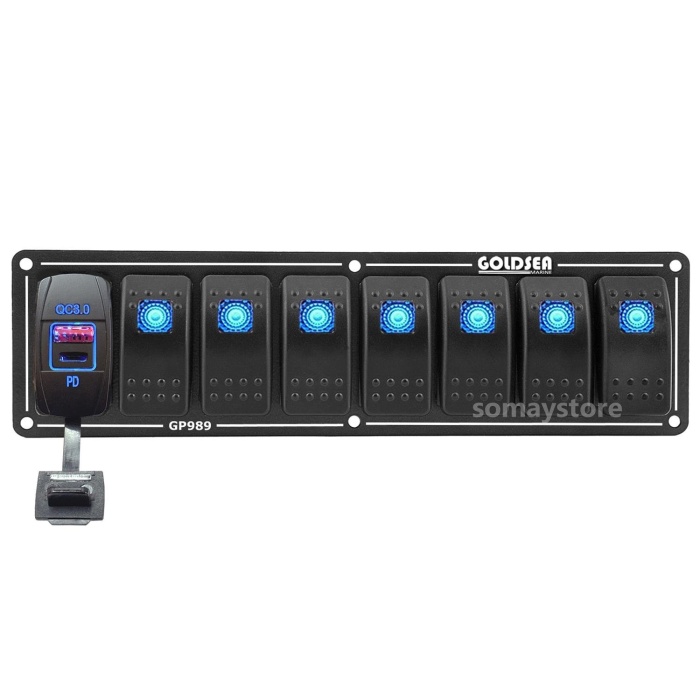 Goldsea 7 Anahtarlı Switch Panel Slim Model Usb 3.0 Type-C Soketli Mavi Işıklı 12-24V
