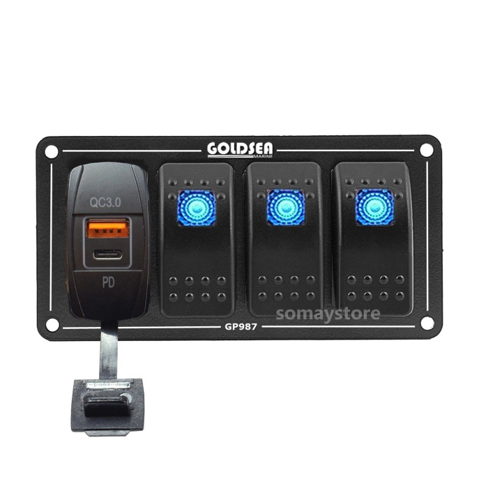 Goldsea 3 Anahtarlı Switch Panel Slim Model Usb Type-C Soketli Mavi Işıklı 12-24V