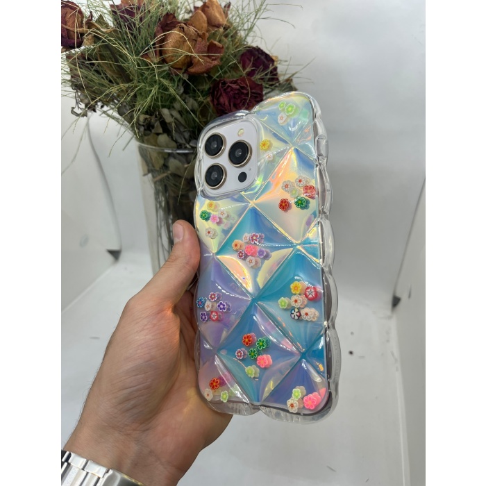 iPhone 14 Pro Max Hologram Puffer Kılıf Çiçek