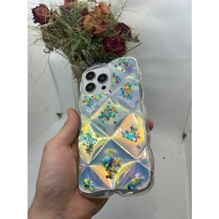 iPhone 14 Pro Max Hologram Puffer Kılıf Renkli Kalpler