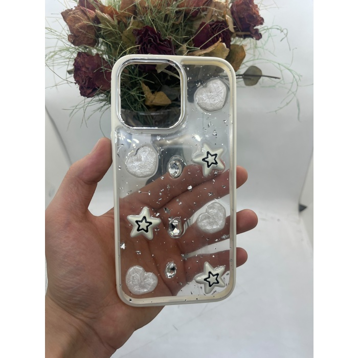 iPhone 14 Pro Luxe White Case Heart Star