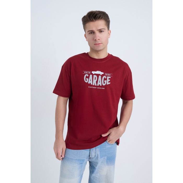 Erkek Oversize Baskılı Tişört Bordo Garage
