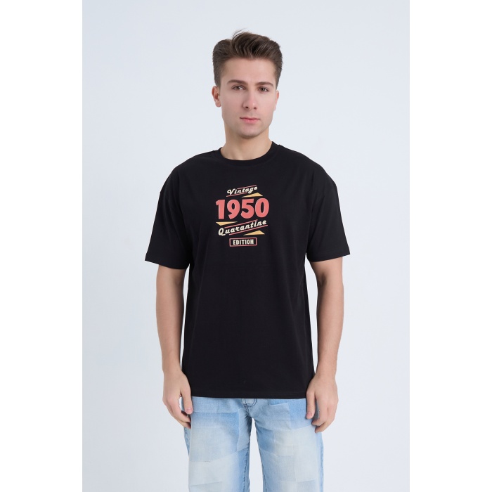 Erkek Oversize Baskılı Tişört Siyah Vintage 1950