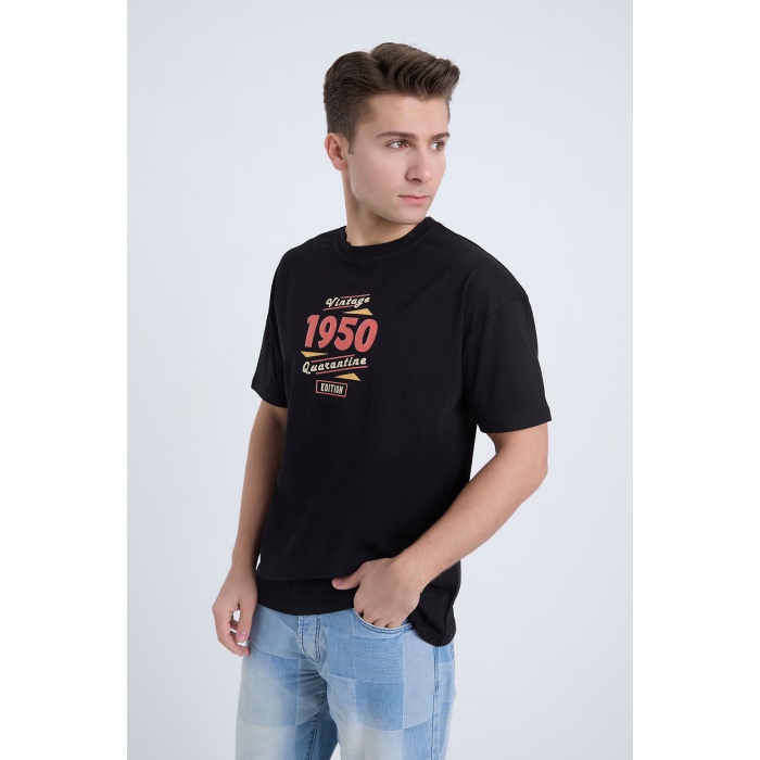 Erkek Oversize Baskılı Tişört Siyah Vintage 1950