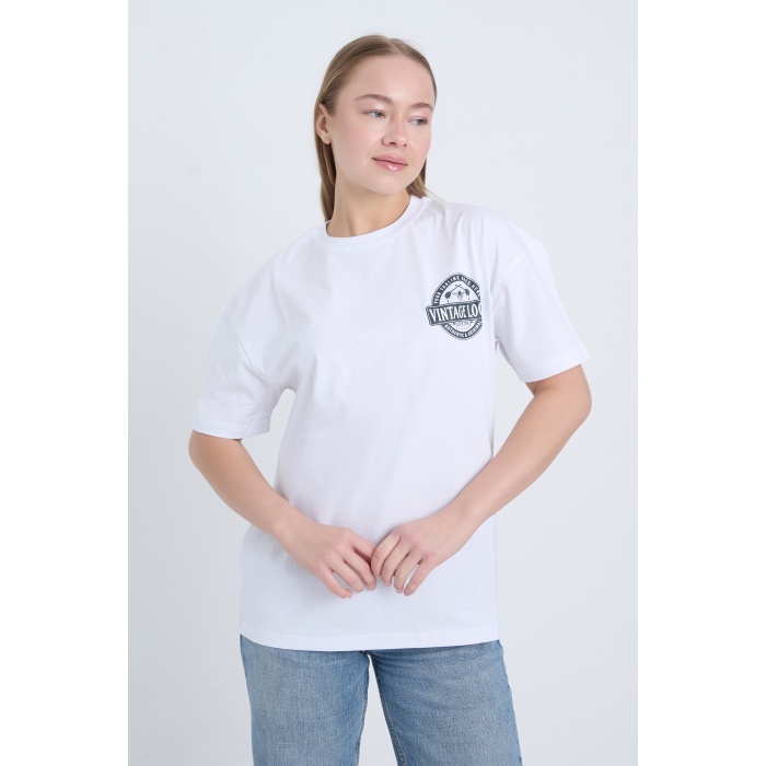Kadın Oversize Baskılı Tişört Beyaz Vintage Logo