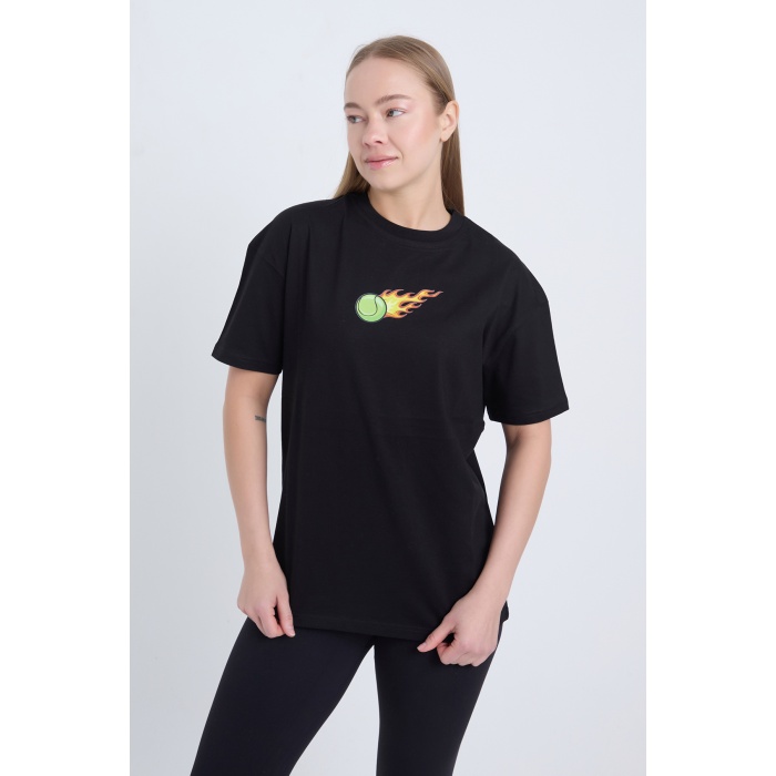 Kadın Oversize Baskılı Tişört Siyah Hot Tennis