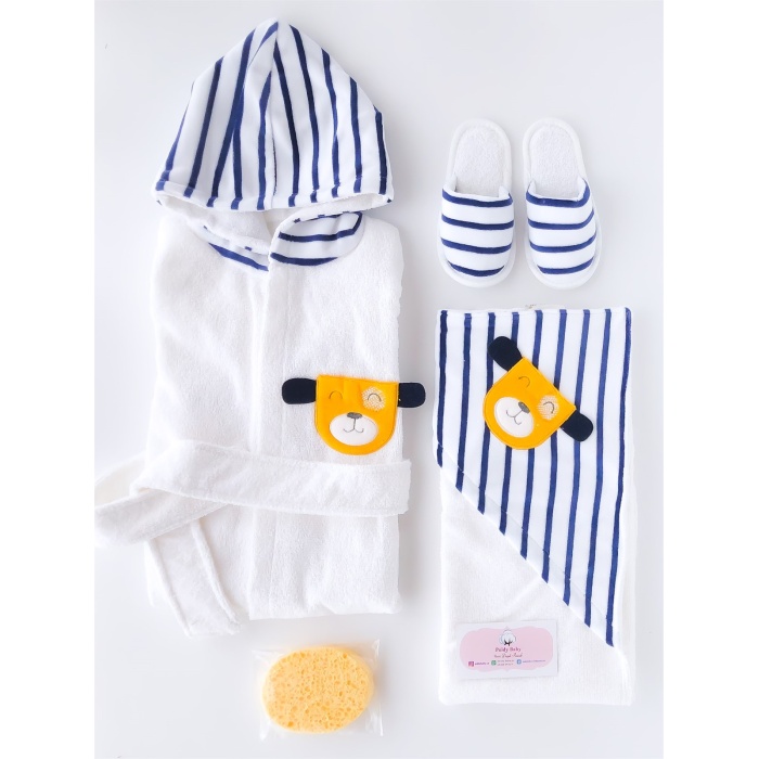 4 Piece Striped Dog Bathrobe Set Blue