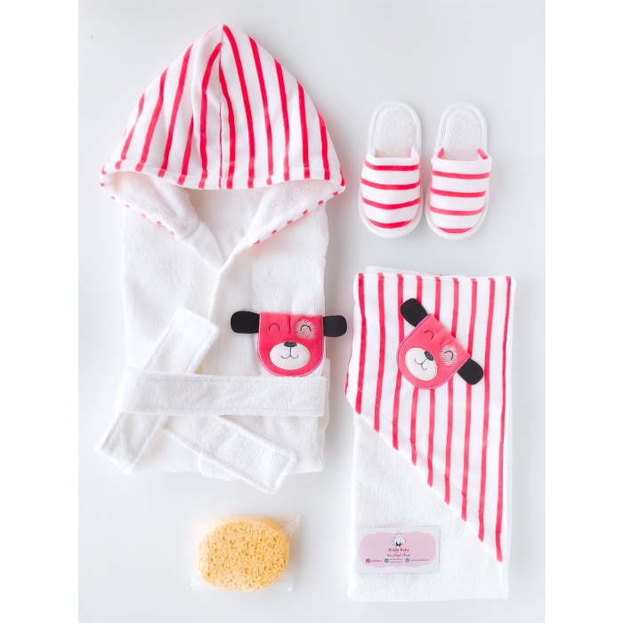 4 Piece Striped Dog Bathrobe Set Fuchsia