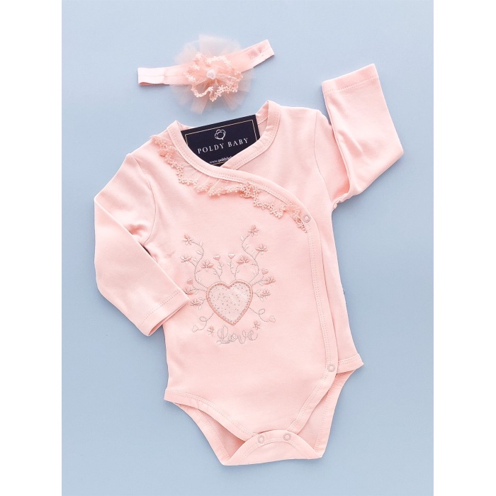 Long Sleeve Lace Double-Breasted Heart With Body Set Salmon