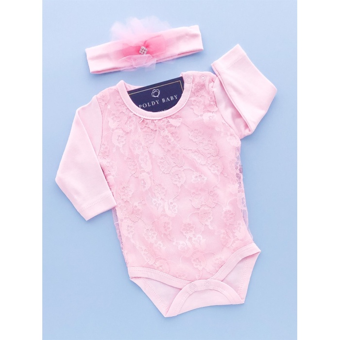 Long Sleeve Front Lace With Body Set Pink