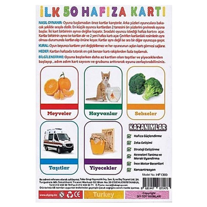 Diytoy İlk 50 Hafıza Kartı Flash Cards Bebek Zeka Oyunları Eğitici Oyuncak