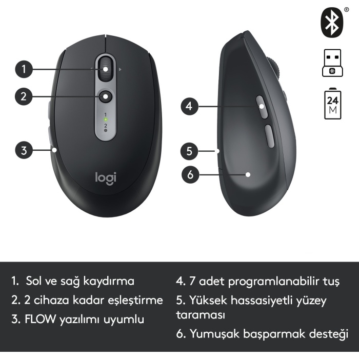 Logitech M590 Çok-Aygıtlı Sessiz Bluetooth Mouse - Siyah