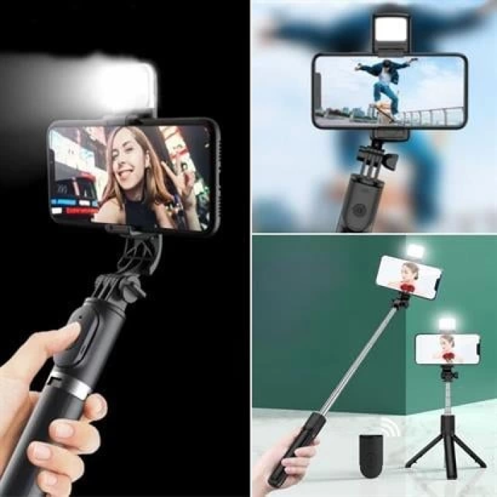 Kendiliğinden Işıklı Masaüstü Tripod Olabilen Telefon Tutuculu Kablosuz Kumandalı Selfie Çubuğu