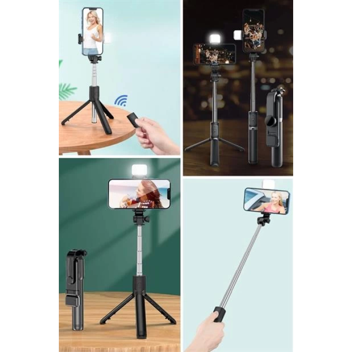 Kendiliğinden Işıklı Masaüstü Tripod Olabilen Telefon Tutuculu Kablosuz Kumandalı Selfie Çubuğu