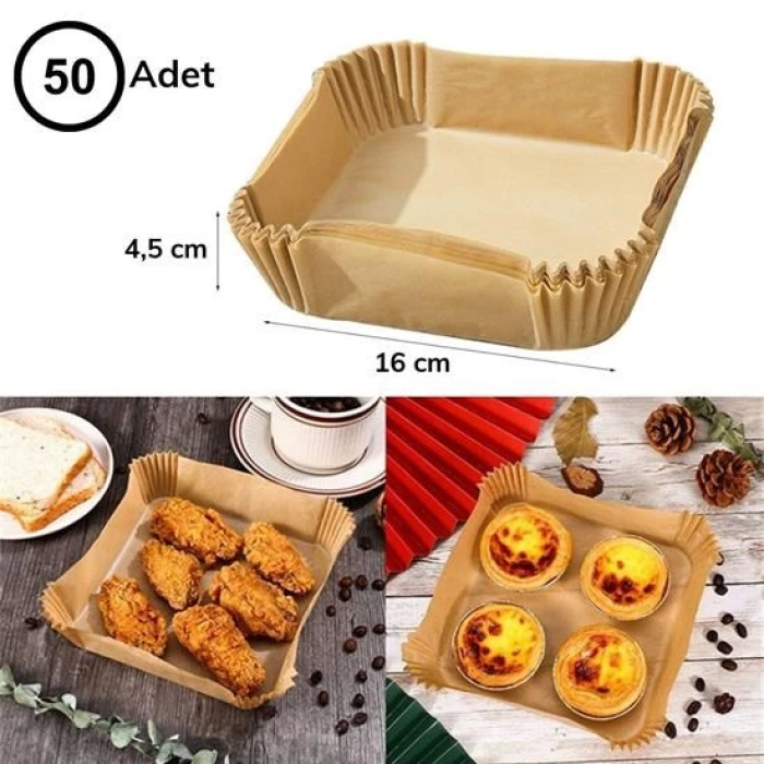   100 Adet Air Fryer Pişirme Kağıdı Tek Kullanımlık  Gıda Yağlı Kağıdı Kare Tabak Model