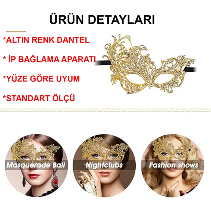 Altın Renk Dantel Maske Dantelli Parti Maskesi 16 No