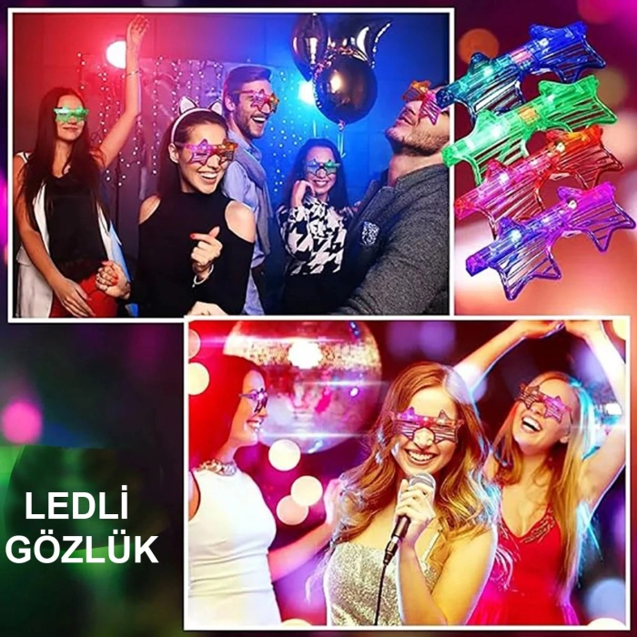 Işıklı Yıldız Gözlük Ledli Parti Gözlüğü 6 Renk 12 Adet