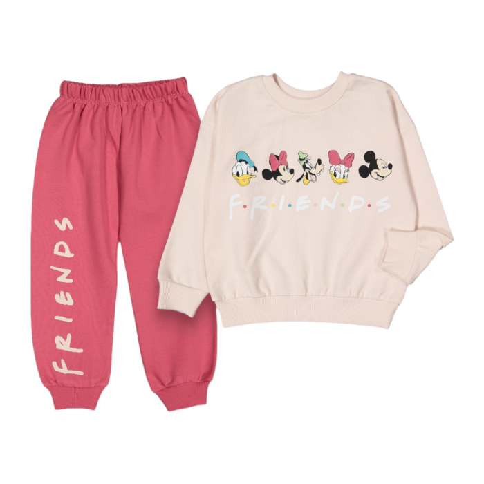 Bisiklet Yaka Uzun Kollu Minnie Mouse Baskılı Kız Çocuk Sweatshirt ve Eşofman Alt 2li Takım