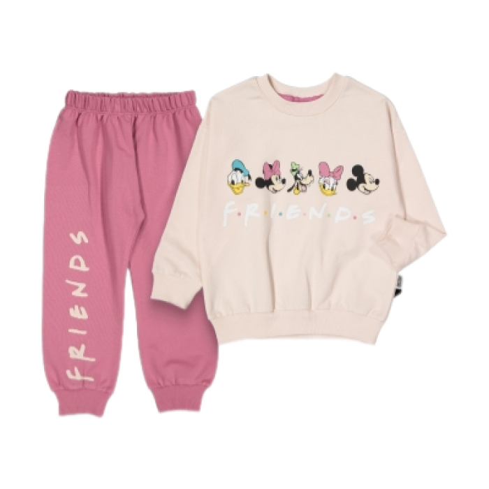 Bisiklet Yaka Uzun Kollu Minnie Mouse Baskılı Kız Çocuk Sweatshirt ve Eşofman Alt 2li Takım