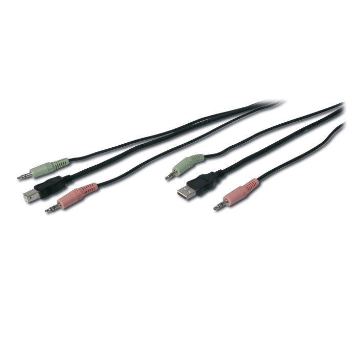 KVM Switch için Ses + USB Kablo Seti, 2 x 3,5 mm Erkek; USB A Erkek &lt;-&gt; 2 x 3,5 mm Erkek; USB B Erkek, siyah renk, 1,80 metre