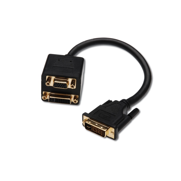 DVI Y-Splitter Kablosu, DVI-I, (24+5), erkek &lt;-&gt; DVI-I (24+5), dişi + HD15, dişi, 0.20 metre, altın kaplama, siyah renk