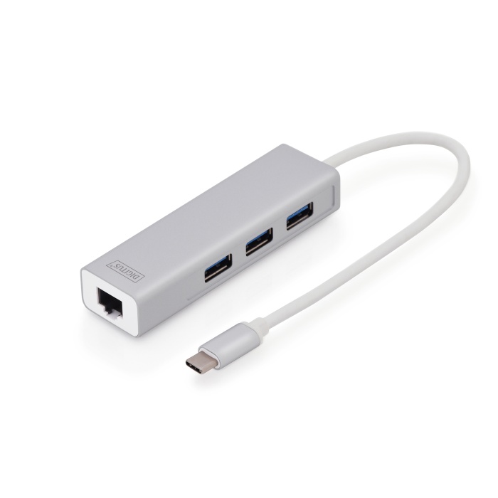 Digitus USB 3.0 Hub &amp; USB 3.0 Gigabit Ethernet Adaptörü, 1 x 10/100/1000 RJ45 Dişi Yuva, 1 x USB-C Erkek Konnektör (bilgisayar bağlantısı için), 3 x USB 3.0 USB-A Dişi Yuva (USB çevre ürünü), alüminyum, Mac ve Windows destekler