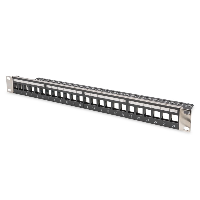 Digitus Modüler Patch Panel, zırhlı, 24-port boş, 1U, kabinete monte edilebilir, şeffaf etiket alanına sahip, siyah renk&lt;br&gt;Digitus Modular Patch Panel, shielded, 24-port blank, 1U, Rack Mount, transp. label field, black