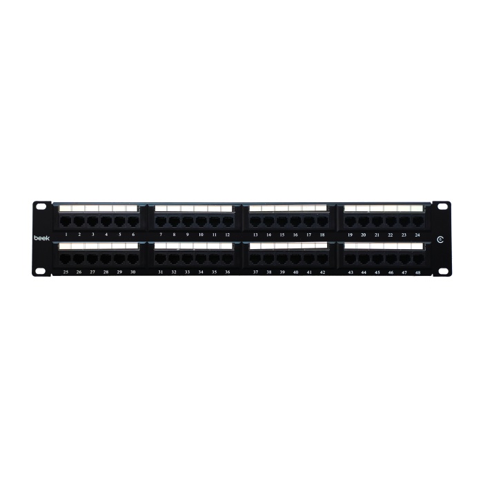 Beek 48 Port Cat6 UTP Patch Panel, 8P8C, Altın Kontak, LSA, 2U, zırhsız/unshielded, kablo tutuculu&lt;br&gt;Beek 48 Port Cat6 UTP Patch Panel, 8P8C, Gold contact,LSA, 2U, unshielded, with cable holder