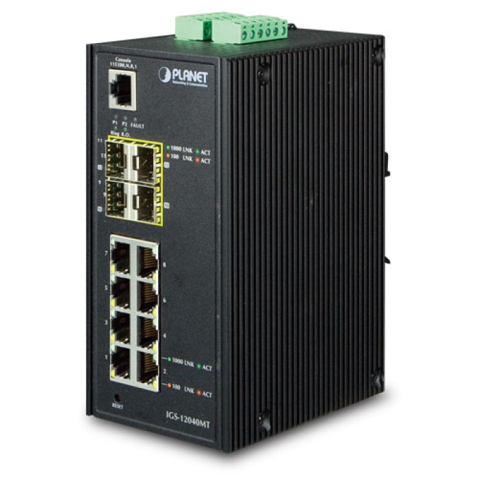 Endüstriyel Tip Yönetilebilen Switch (Industrial Managed Switch)&lt;br&gt;8-Port 10/100/1000Base-T&lt;br&gt; 4 x 1000BASE-SX/LX/BX SFP/mini-GBIC yuva (Port-9 ile Port-12 arası), 100Base-FX SFP uyumlu&lt;br&gt;IP30, -40~75 Derece C&lt;br&gt;1 x Konsol port