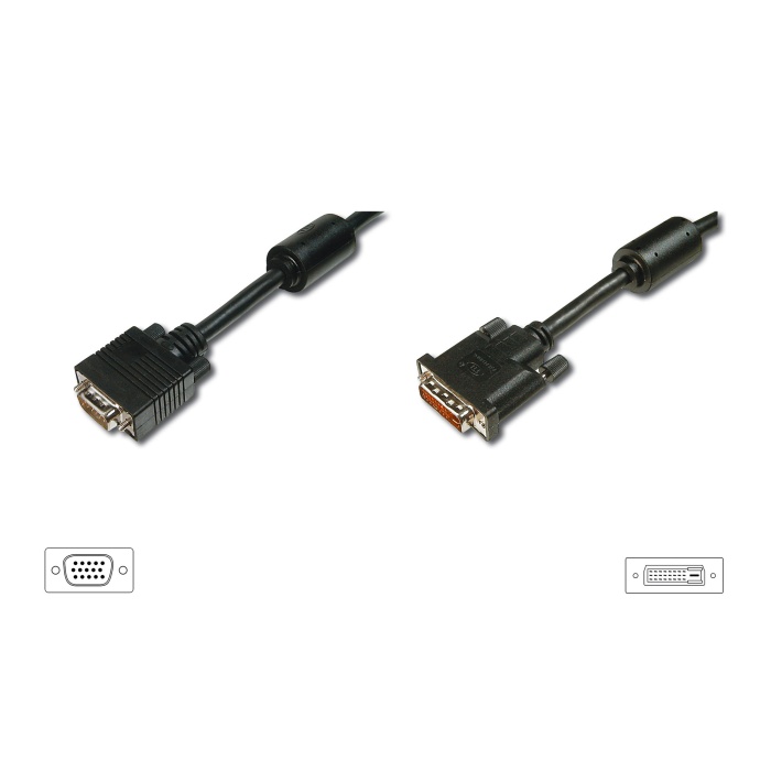 DVI - VGA Bağlantı Kablosu, DVI-I (24+5) Erkek &lt;==&gt; VGA (HD15) Erkek, DVI-I dual link, 2 metre, UL, siyah renk