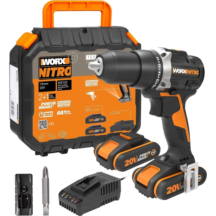 WORX WX102 20Volt/2.0Ah Li-ion Çift Akülü Kömürsüz Profesyonel Şarjlı Matkap, Siyah