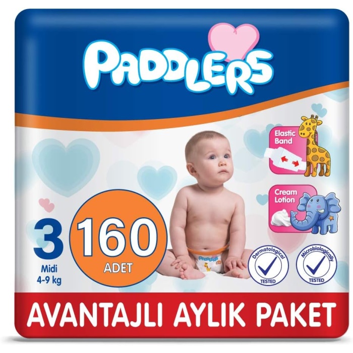 Paddlers 3 Numara Midi 4-9 kg Avantajlı Aylık Paket Bebek Bezi (1 x 160 Adet)