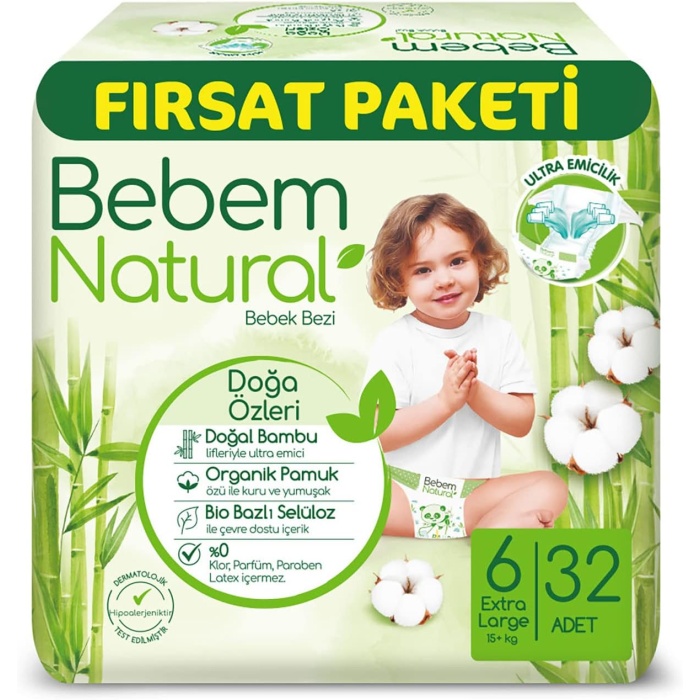 Bebem Natural 6 Beden Xlarge Fırsat Pak Bebek Bezi (1 x 32 Adet)