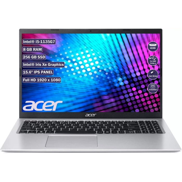 Acer Aspire 3 A315-58 Dizüstü Biisayar, Intel i5-1135G7 İşlemci, 8GB Ram, 256GB SSD, 15,6 FHD IPS Ekran, Freedos İşletim Sistemi, NX.ADDEY.004