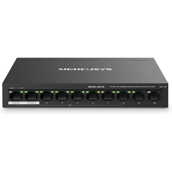 Mercusys MS110P, 10-Port 10/100Mbps Desktop Switch with 8-Port PoE+