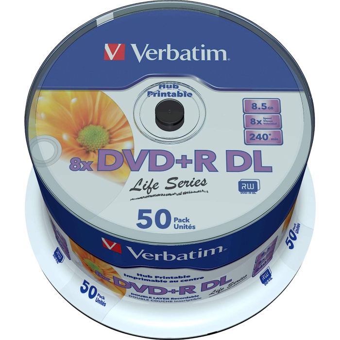 Verbatim DVD çift katmanlı DVD+R DL 8.5 GB/240 dak. 8x, kimliği olmadan tamamen yazdırılabilir beyaz, kek kutusunda 50 adet