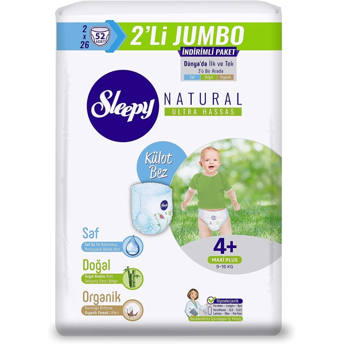 Sleepy Natural Ultra Hassas 9-16 kg 4+ Beden Maxi Plus Külot Bebek Bezi (2 x 26 Adet)