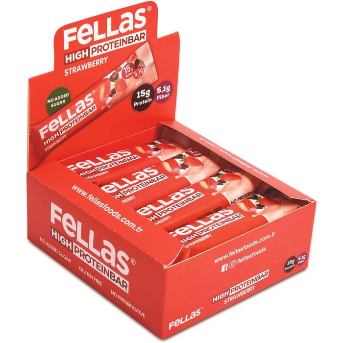 Fellas Yüksek Protein Bar, Çilekli, 50gr x 12 Adet