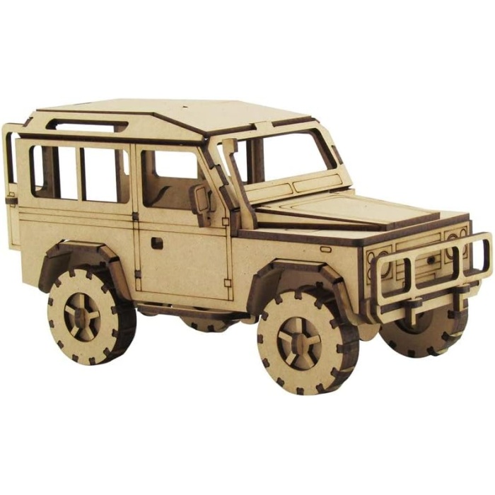 3D SERGİ 3d Ahşap Puzzle LR Defender Jeep Maketi 131 Parça, Açık Kahve