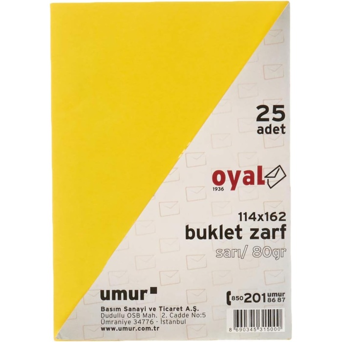 Buklet Zarf, 114 x 162 cm, 80 gr, Silikonlu, 25li, Sarı