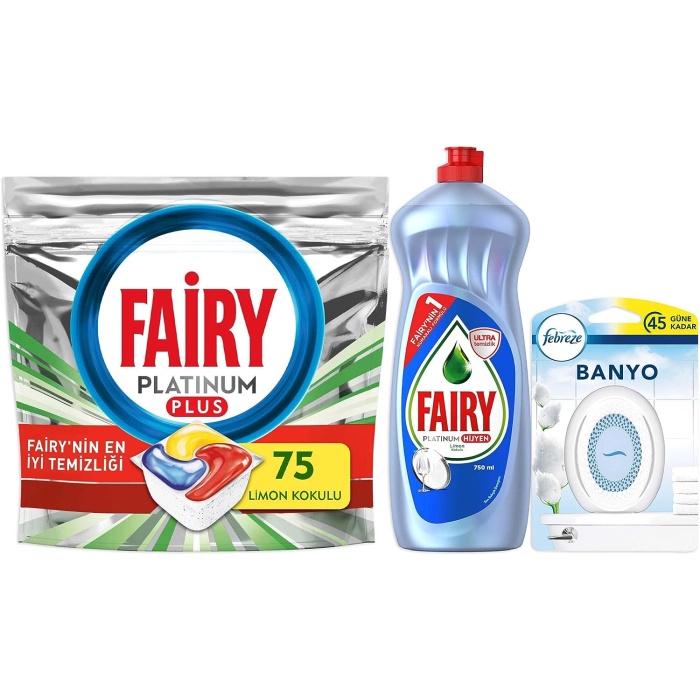 Fairy Plt Plus 75 Yıkama Bulaşık Deterjanı Kapsülü/Tabl + Plt Hijyen 750 ml Sıvı Bulaşık Deterjanı +  300 ml Banyo Oda Kokusu Temiz Çarşaf Ferahlığı, 1 Paket