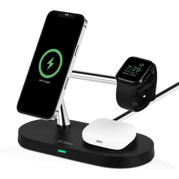 AirCharger Quattro M  Uyumlu +Watch+AirPods LED li Kablosuz Hızlı Şarj Standı Siyah