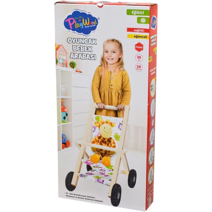 Playwood Kutuda Ahşap Oyuncak Bebek Arabası