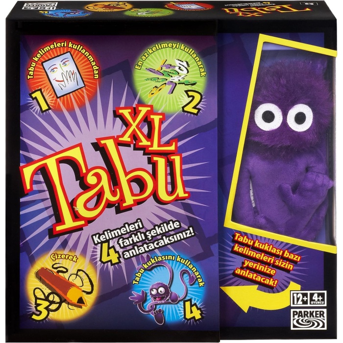 Hasbro Tabu XL Kutu Oyunu, 4 farklı oyun alternatifi, Klasik oyunun yanı sıra çizerek, tabu kuklasıyla anlatarak ve en fazla 15 kelime kullanarak tabu oynayın