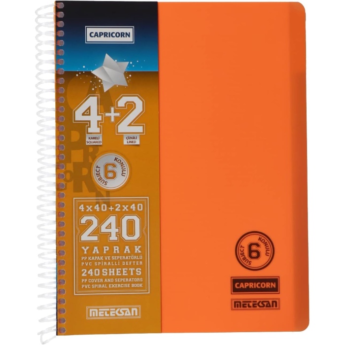 Capricorn A4 PP Kapaklı Pet Spiralli 4+2 Konulu/Ayraçlı Defter, 240 Yaprak, Turuncu