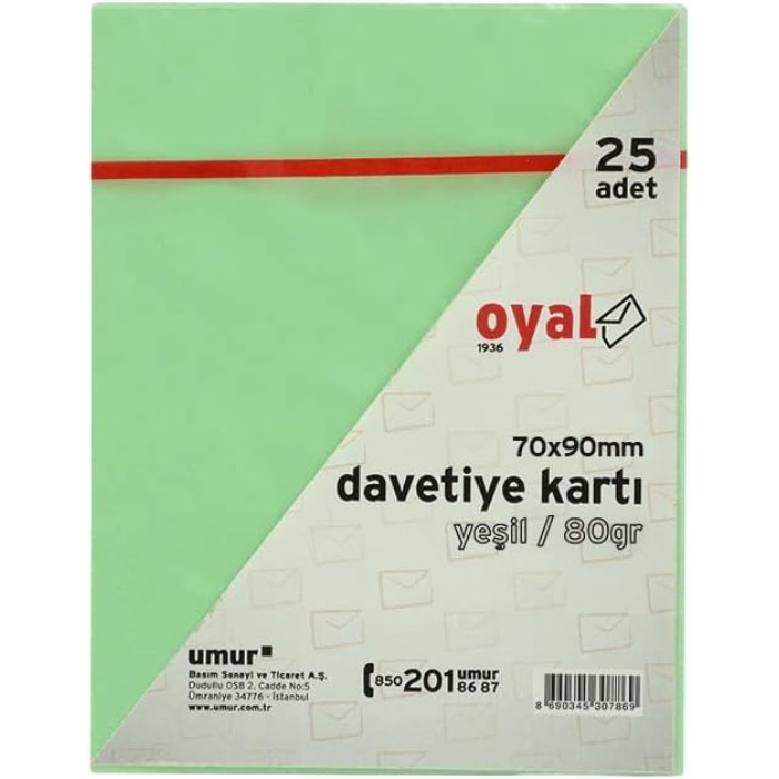 Renkli Davetiye Kartı, 7 x 9 cm, 25li Paket, 80 gr , Yeşil