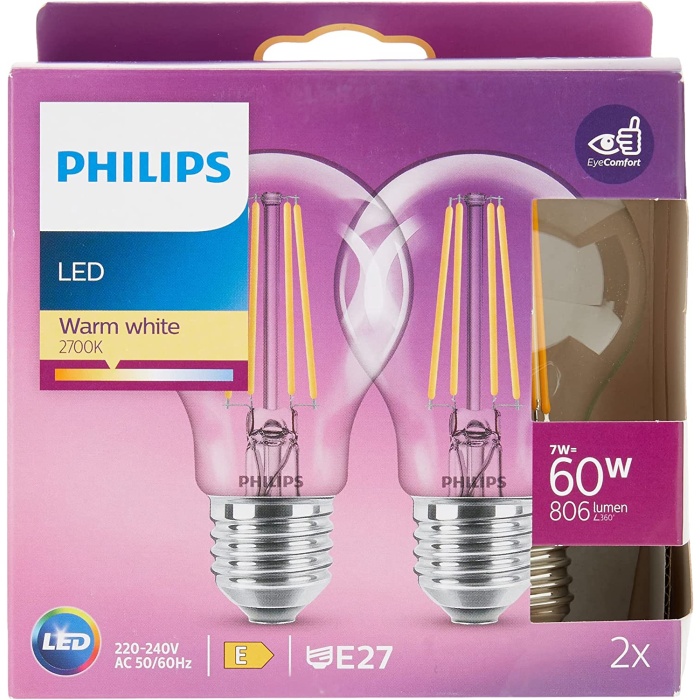 LED Classic 60W A60 Filament Ampul, 2700 Sarı Işık, E27 Normal Duy, Dim Edilmez 2li Ekopaket