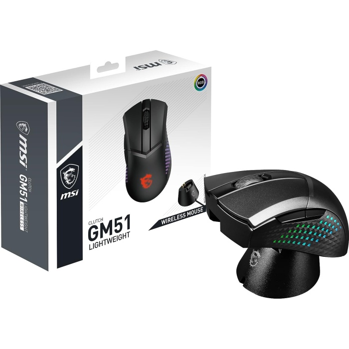 MSI GG CLUTCH GM51 LIGHTWEIGHT 85 GRAM ESPORTS WIRELESS GAMING MOUSE MAX 26000 DPI 1MS PIXART PAW-3395 OPTIK SENSOR OMRON SWITCH RGB LED MYSTIC LIGHT KABLOSUZ OYUNCU FARESI