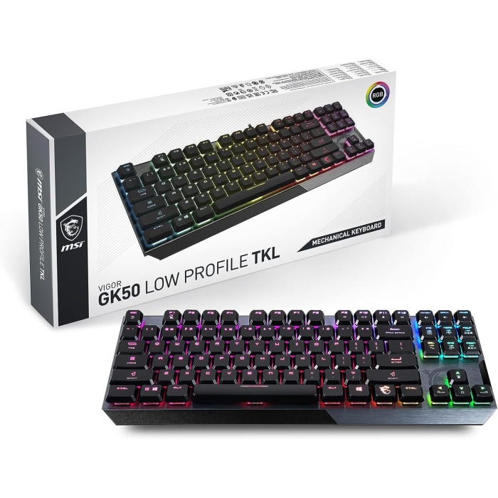 MSI VIGOR GK50 LOW PROFILE TKL TR DUSUK PROFIL SAYISAL TUS TAKIMSIZ KOMPAKT TKL TASARIM GERCEK MEKANIK KAILH SWITCH PER KEY RGB FIRCALANMIS METAL TUS YUZEYI TURKCE Q